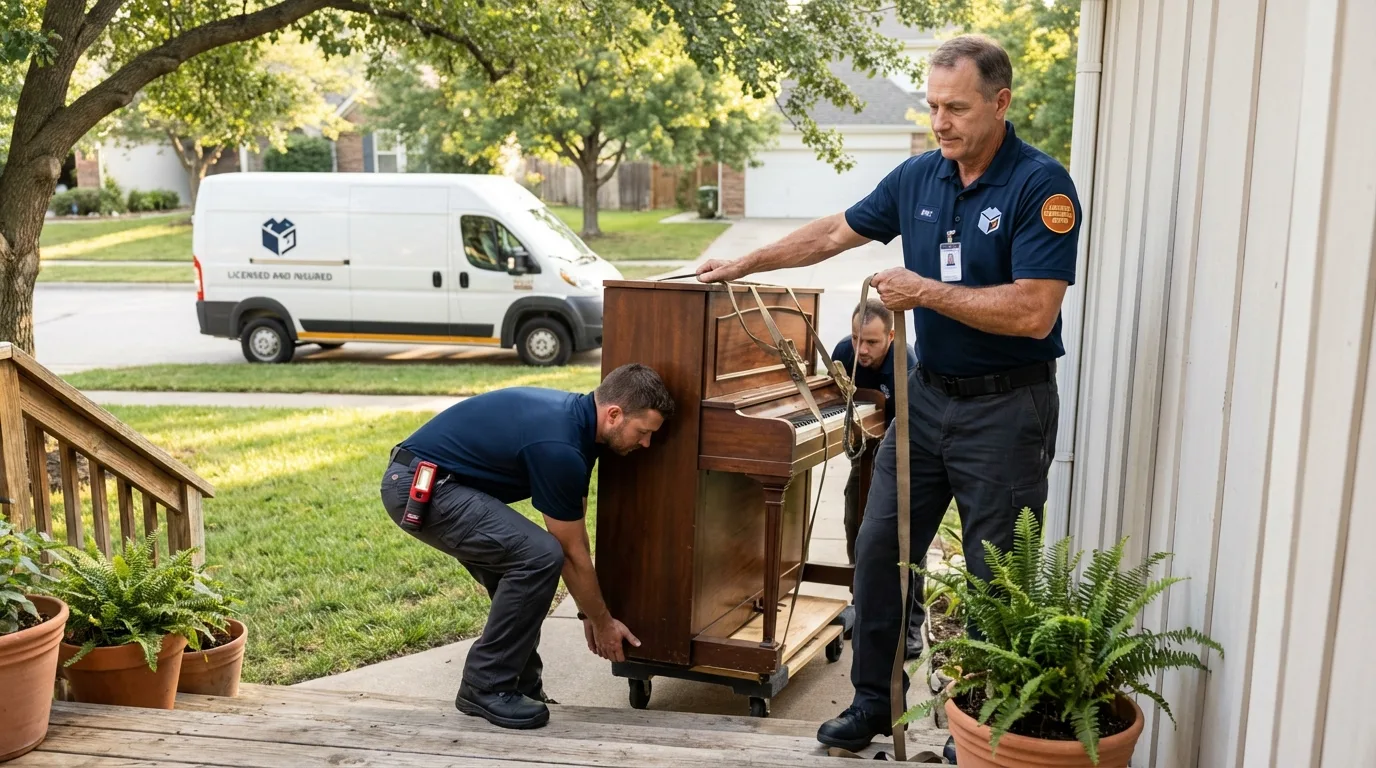 Licensed piano movers securing grand piano in Wells, MN