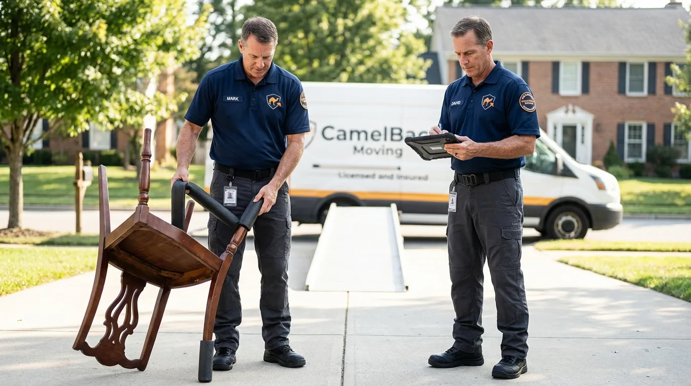 Movers inspecting furniture for damage prevention before loading in Wells, MN