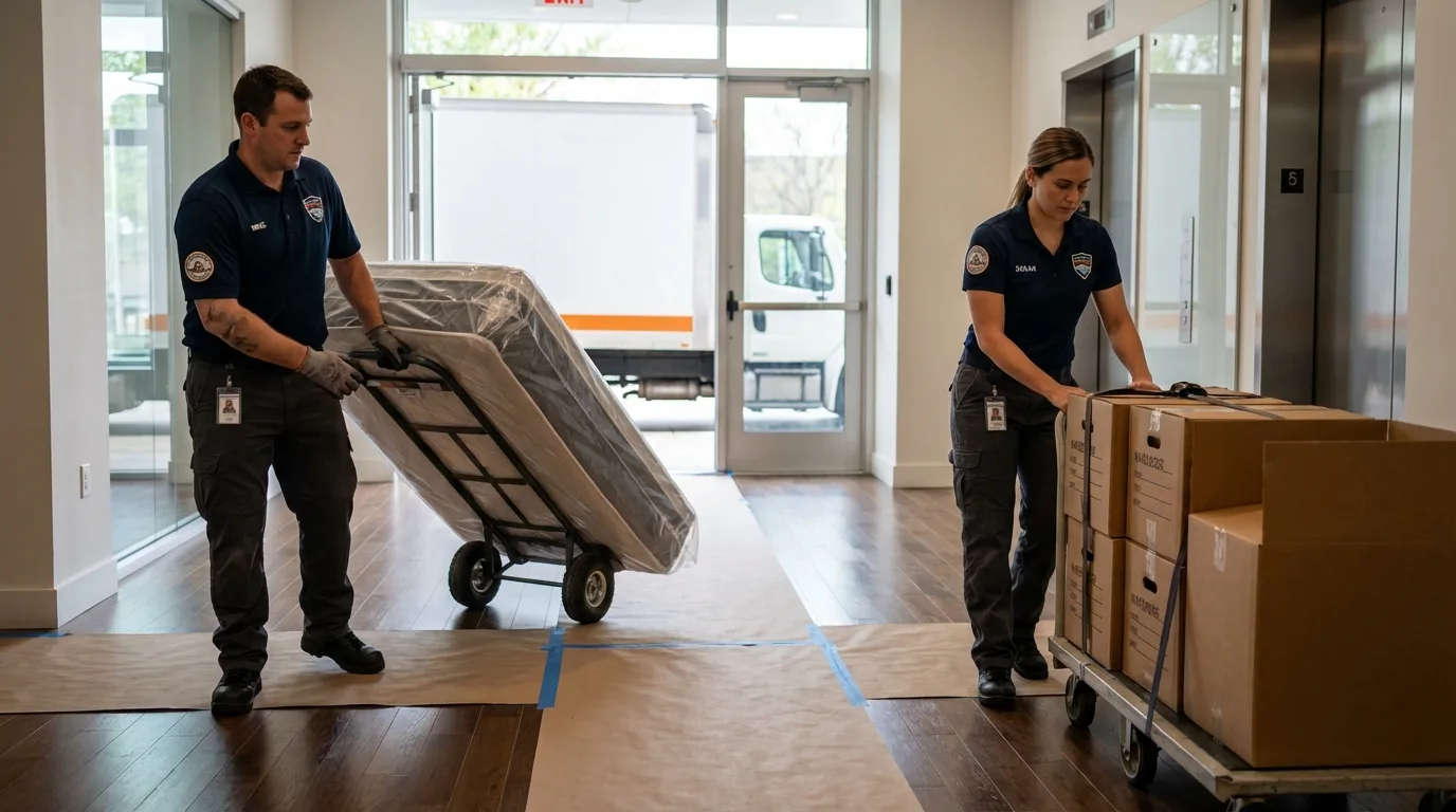 Professional apartment movers loading elevator in Wells, MN