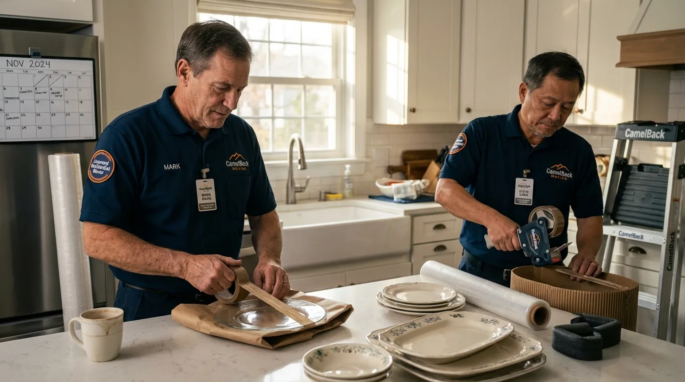 Professional crew packing kitchen dishware in Wells, MN